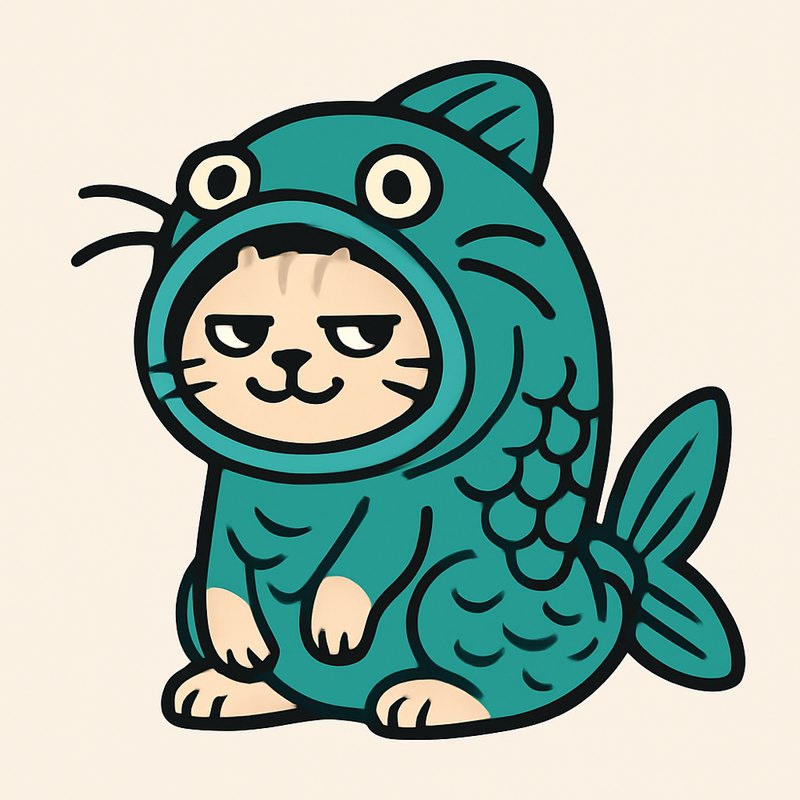 A smug cream tabby cat wearing a teal fish costume hood, looking at the camera like he owns a yacht