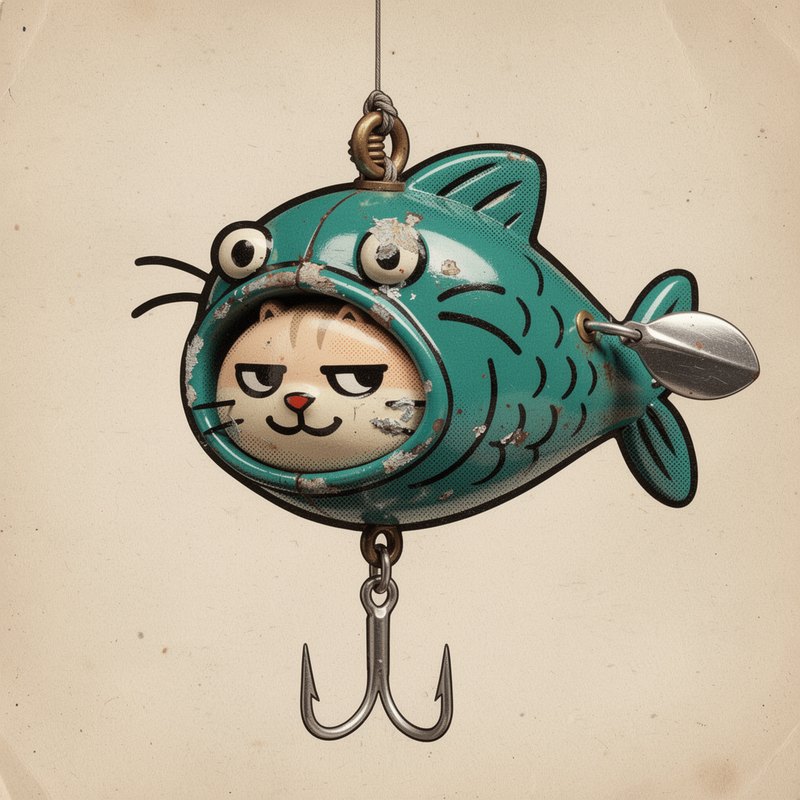 A chipped teal fishing lure carved like the cat's head in a fish hood, hanging from a line with a hook below